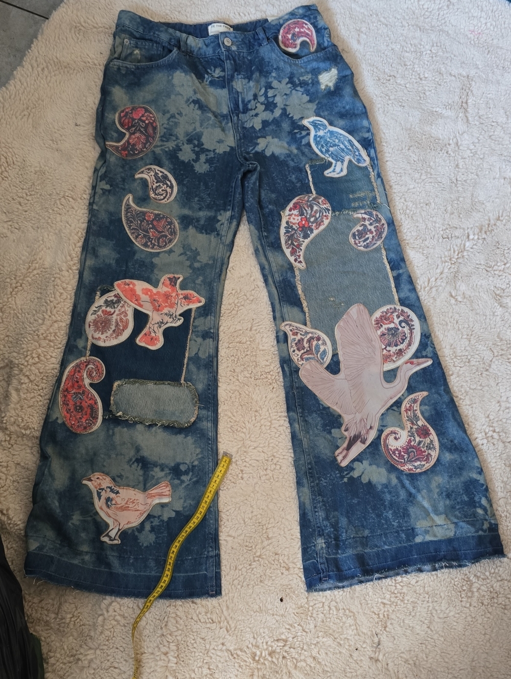 We The Free Blue Patchwork Paisley Bird Flared Jeans